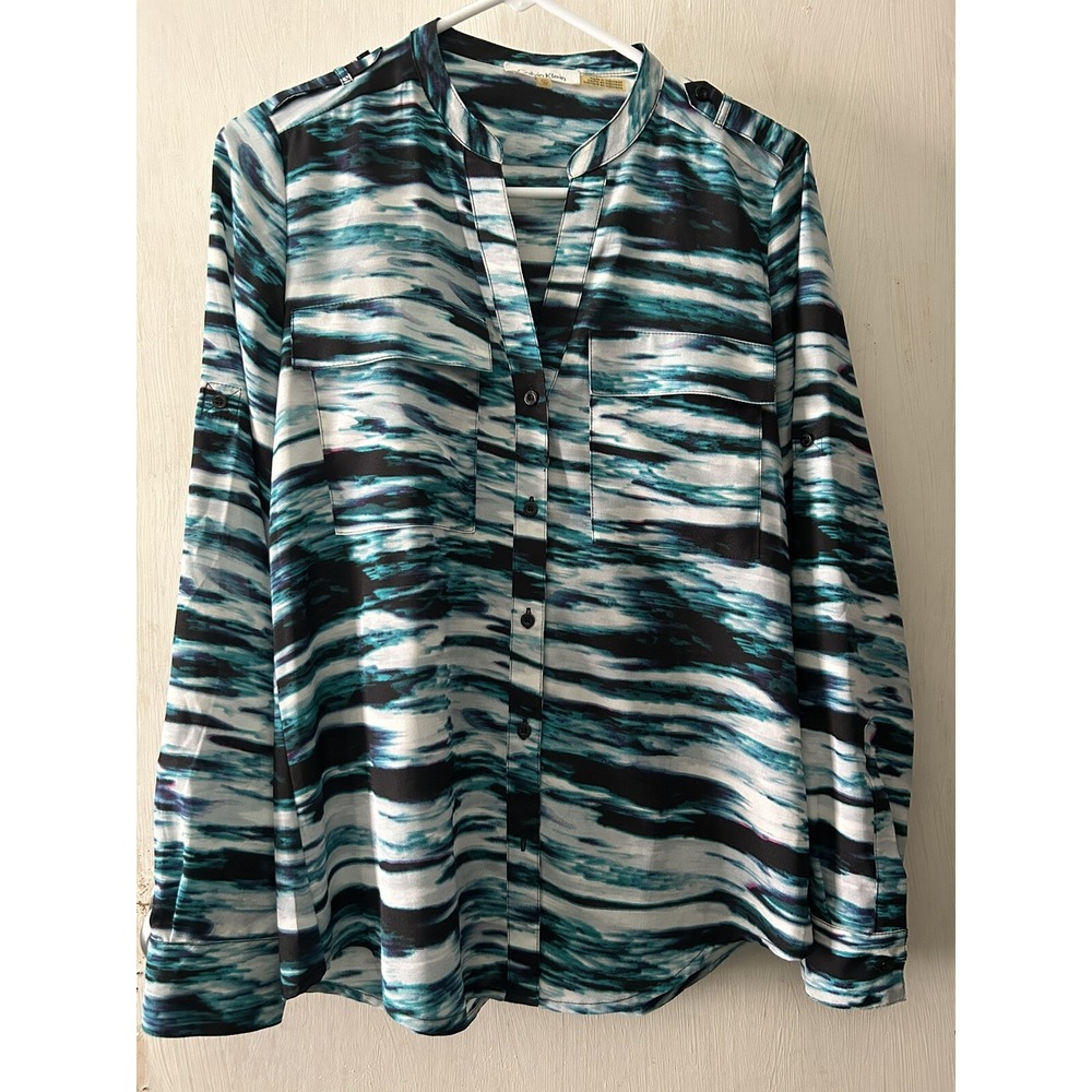 Calvin Klein V Neck Long Sleeve Button Up Blouse Blue Black White XS/ECH/TP